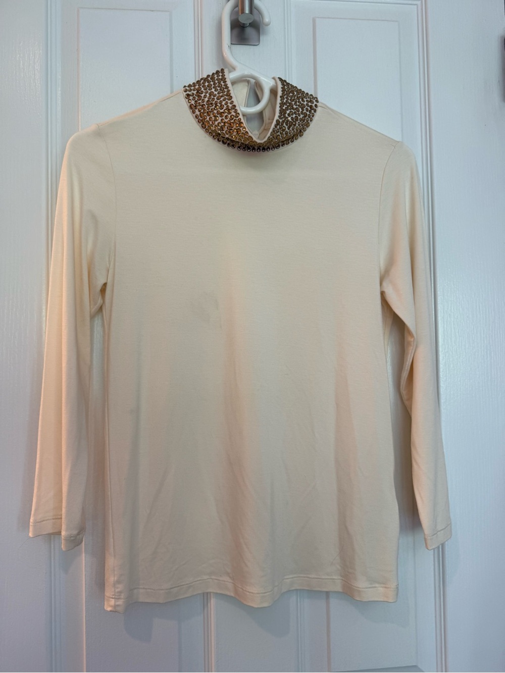 L'AGENCE Cream Long-Sleeve Mock Neck Top with Jeweled Collar